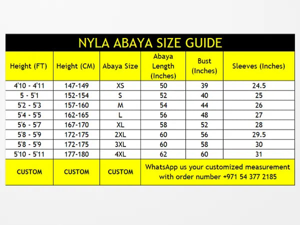 Detailed Size Guide for Nyla Abayas – Check Measurements Before You Buy